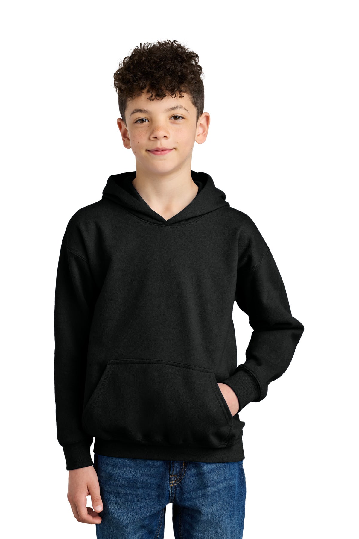 Front View of Black Gildan Youth Softstyle Midweight Fleece Hoodie SF500B - XS
