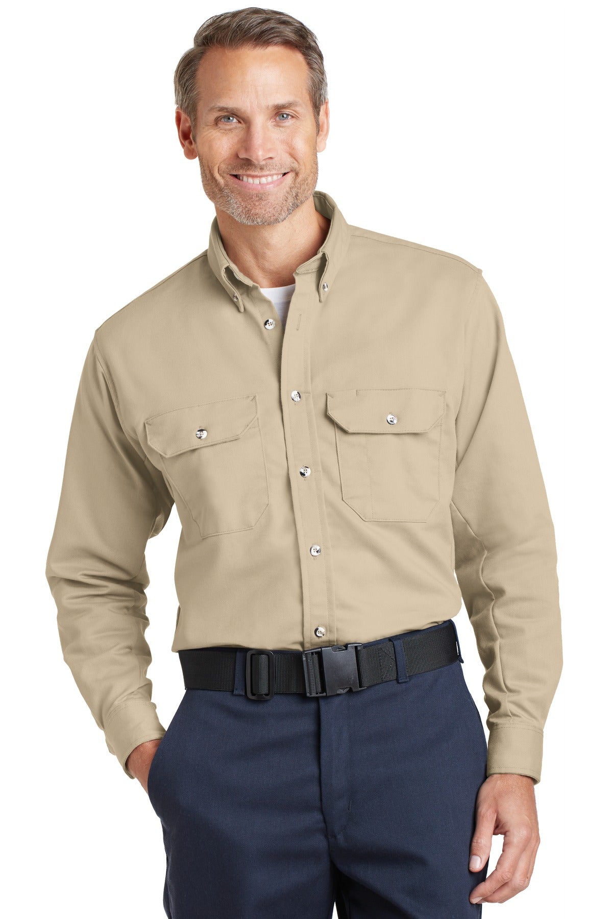 Front View of Khaki Bulwark EXCEL FR ComforTouch Dress Uniform Shirt. SLU2 - S