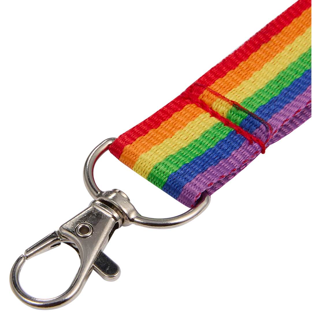 Front View of Pink Recycled Rainbow Wrist Lanyard