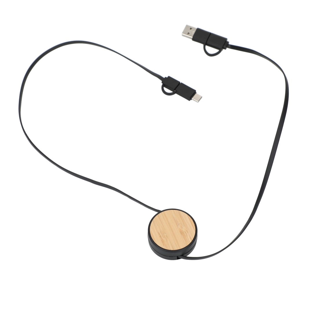 Front View of Black FSC® 100% Bamboo Retractable 5-in-1 Charging Cable