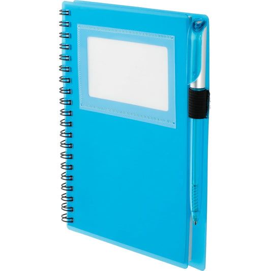 Front View of Black FSC® Mix 5.5" x 7" Star Spiral Notebook with Pen