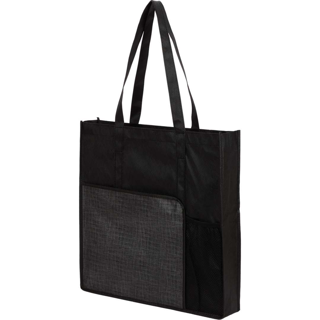 Front View of Black Radius Recycled Non-Woven Tote