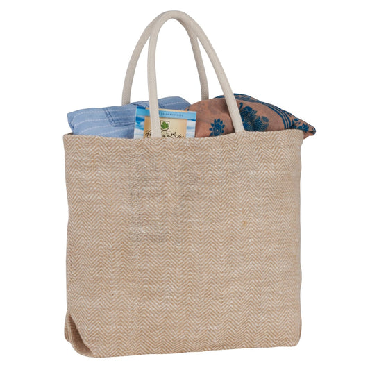 Front View of Natural Herringbone Jute Tote