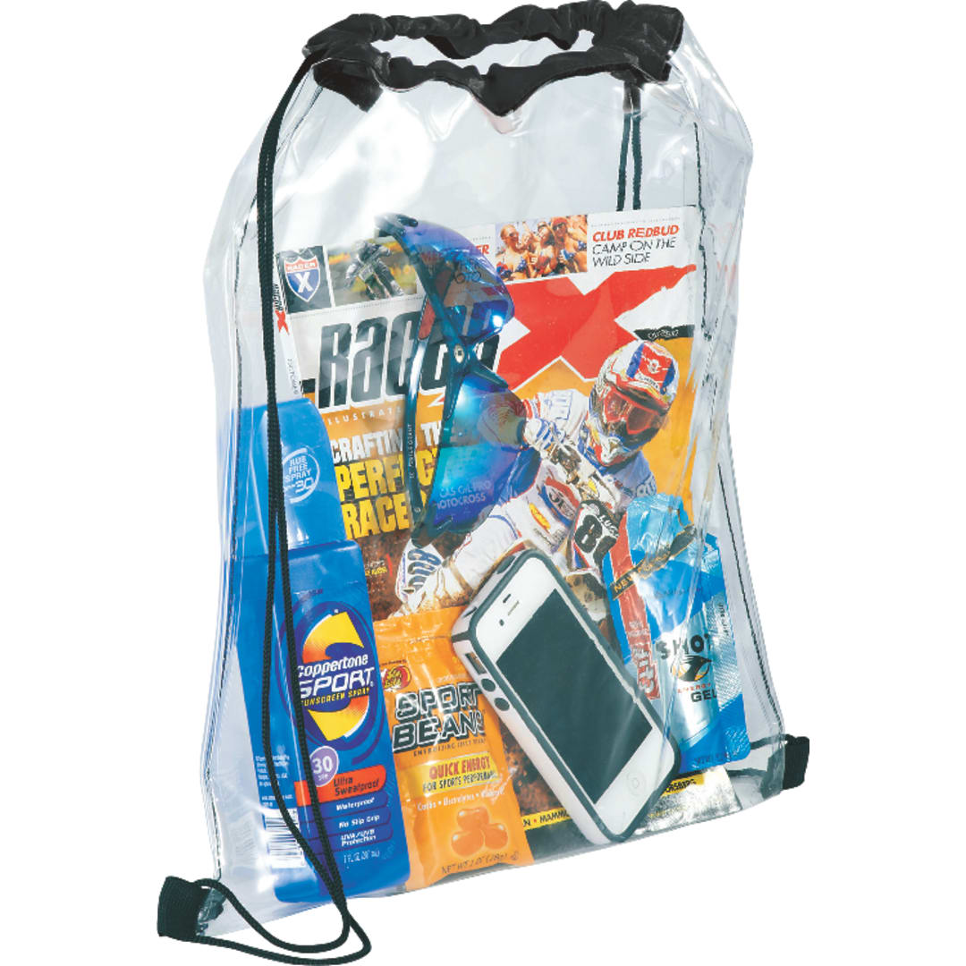 Front View of Black Rally Clear Drawstring Bag