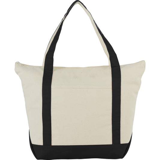Front View of Black Classic 12oz Cotton Canvas Zippered Boat Tote