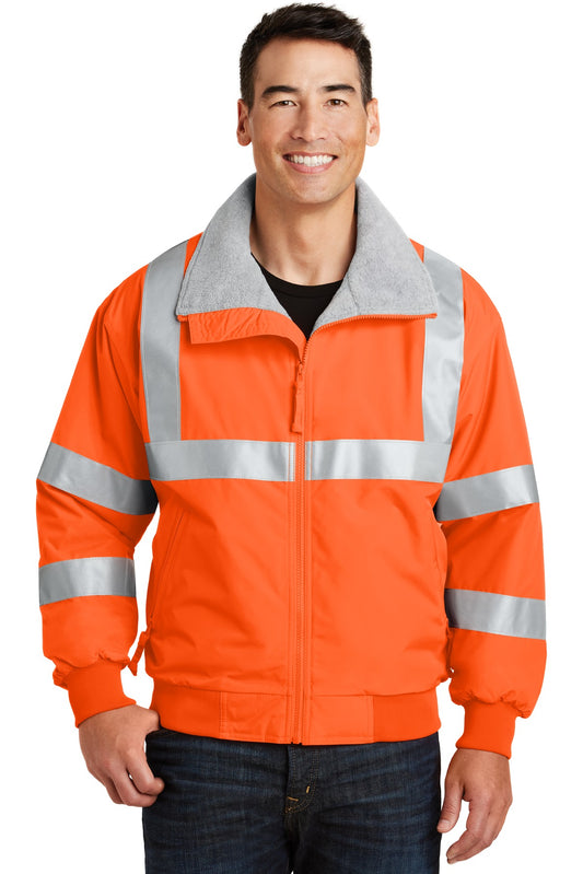 Front View of Safety Orange Port Authority Enhanced Visibility Challenger Jacket with Reflective Taping. SRJ754 - XS