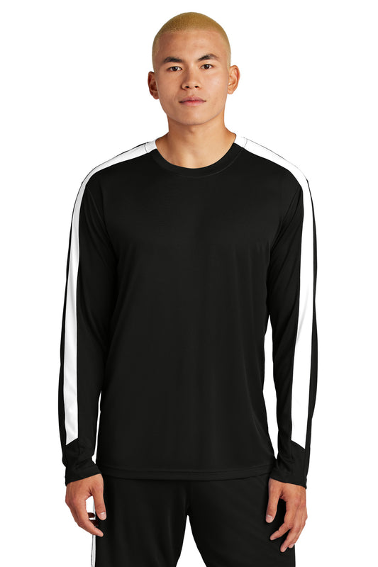 Front View of Blk/White Sport-Tek Competitor United Long Sleeve Crew ST100LS - XS