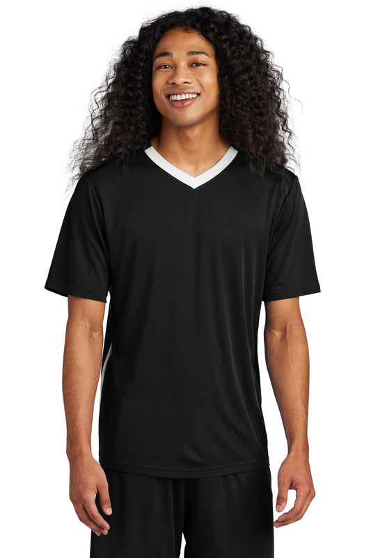 Front View of Blk/White Sport-Tek Competitor United V-Neck ST101 - XS