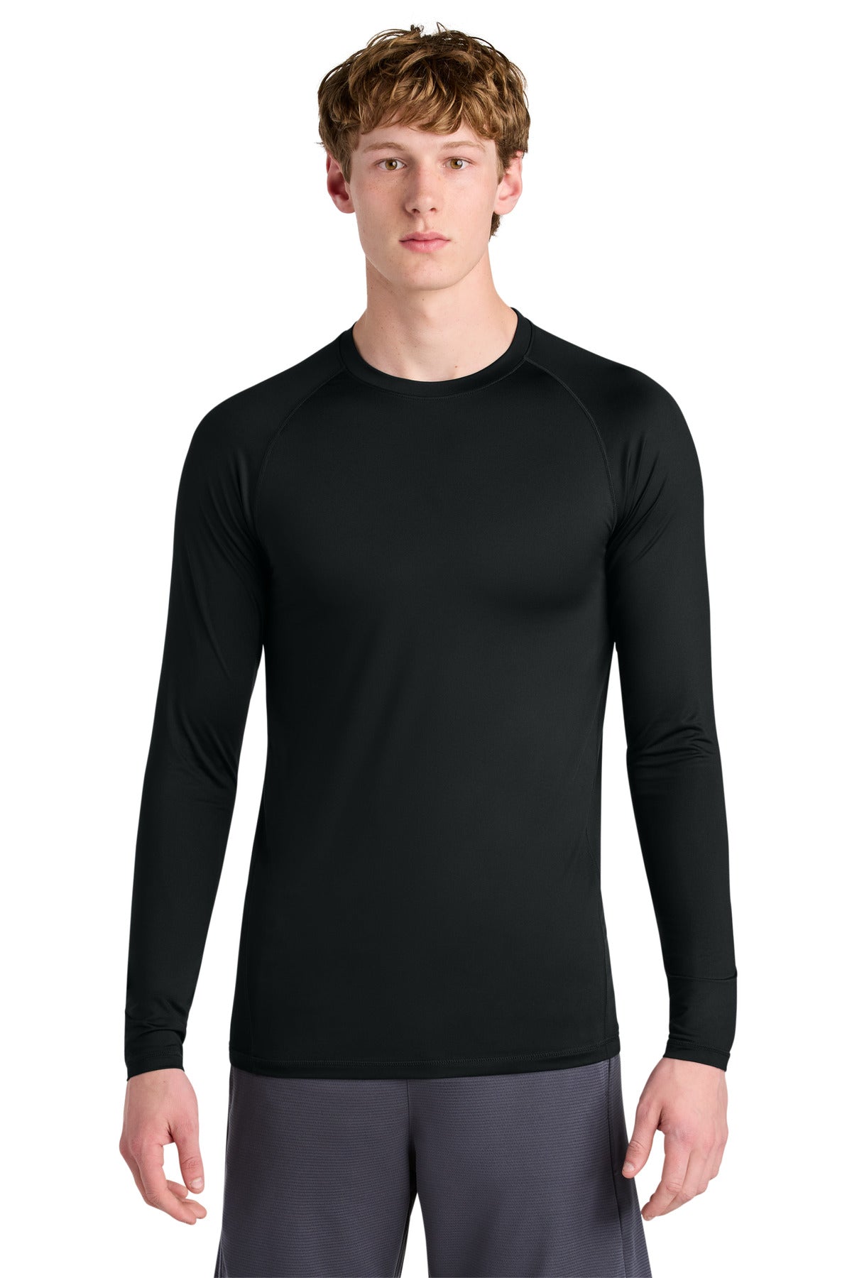 Front View of Black Sport-Tek PosiCharge Compression Long Sleeve Tee ST120LS - XS