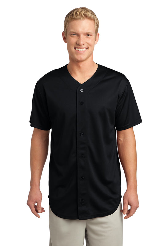 Front View of Black Sport-Tek PosiCharge Tough Mesh Full-Button Jersey. ST220 - XS