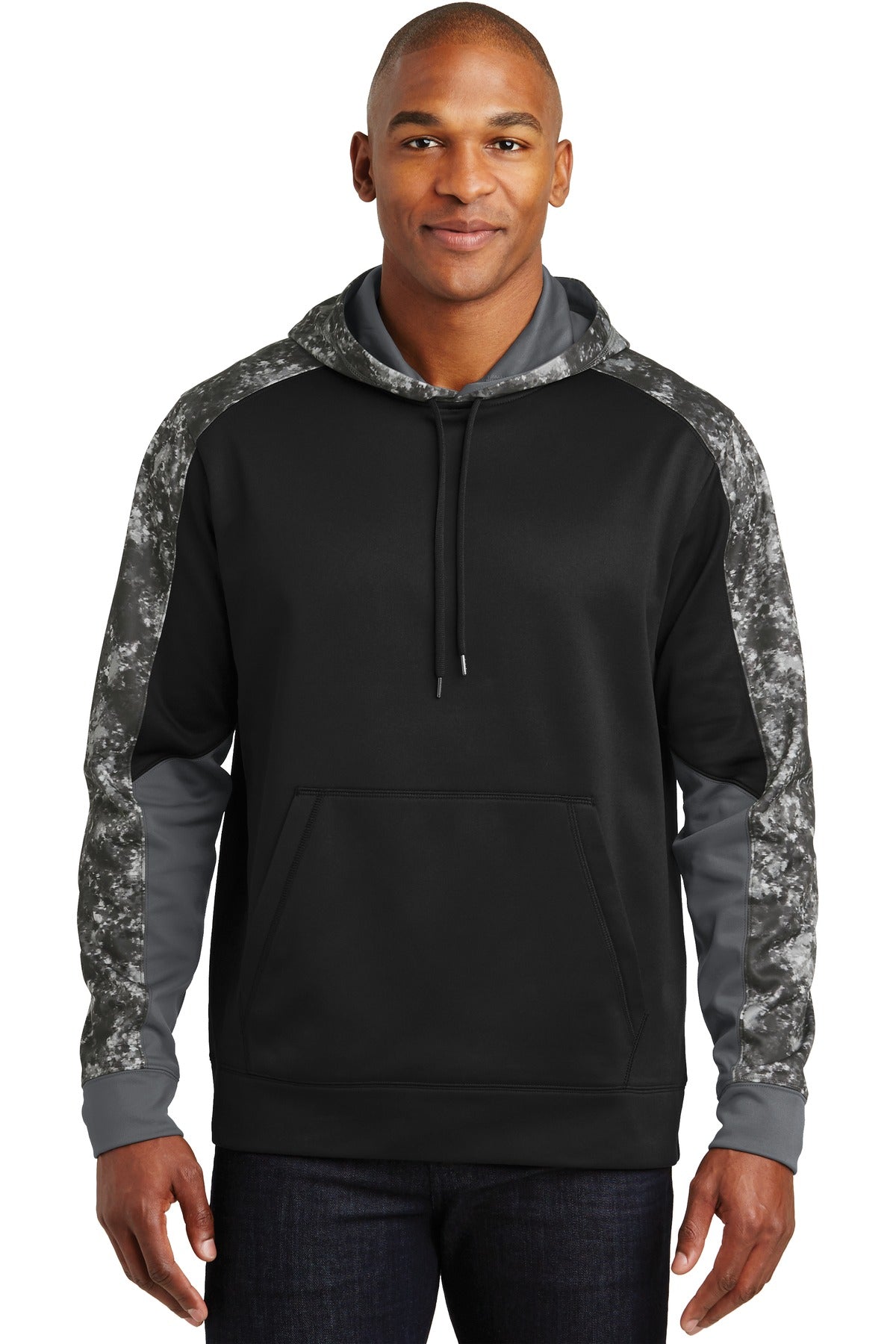 Front View of Black/Black Sport-Tek Sport-Wick Mineral Freeze Fleece Colorblock Hooded Pullover. ST231 - XS