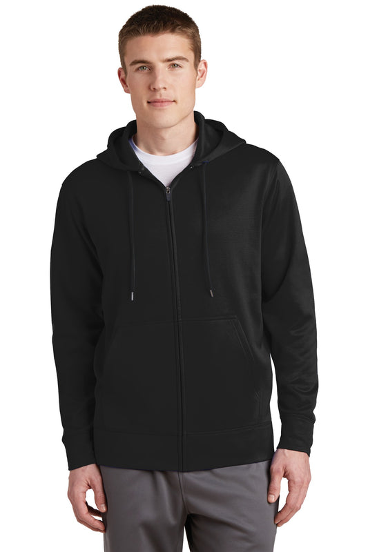 Front View of Black Sport-Tek Sport-Wick Fleece Full-Zip Hooded Jacket. ST238 - XS