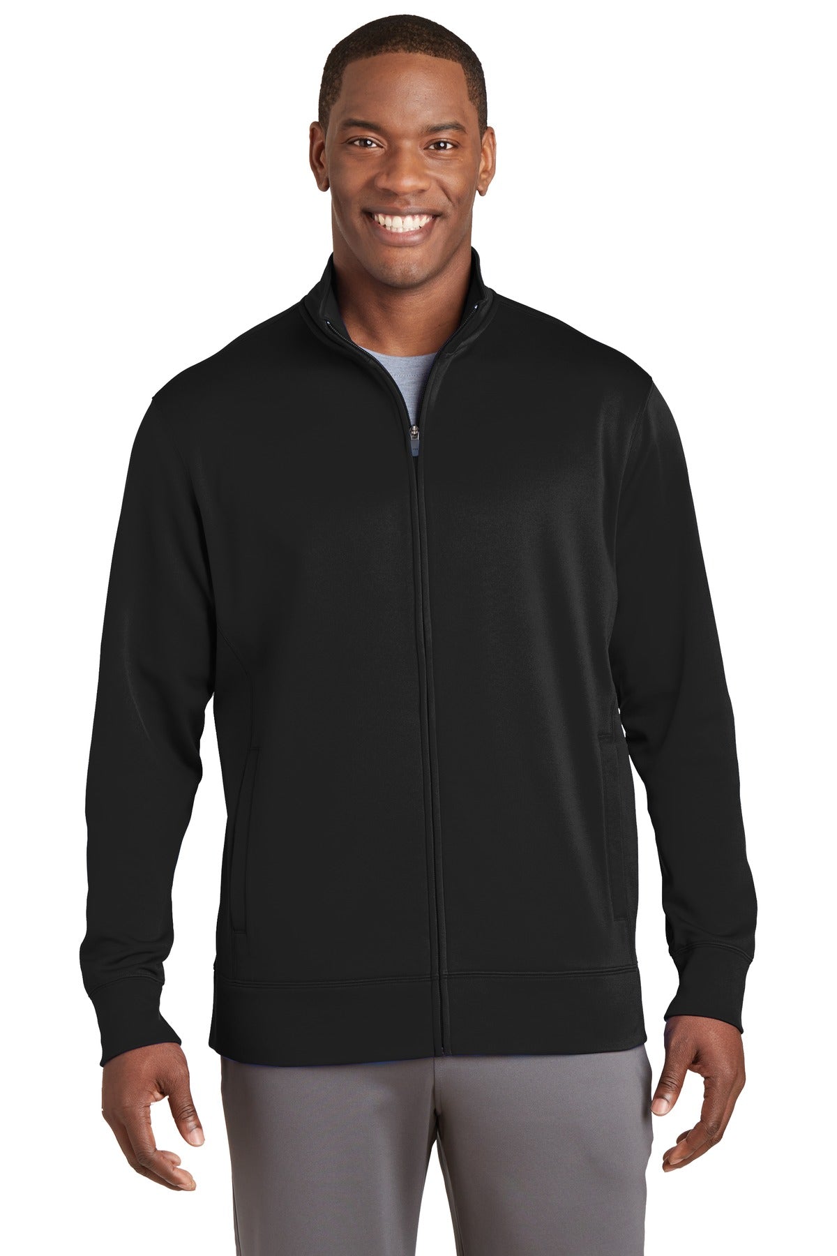 Front View of Black Sport-Tek Sport-Wick Fleece Full-Zip Jacket. ST241 - XS