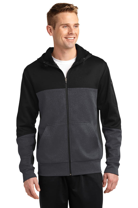 Front View of Blk/Gph/Black Sport-Tek Tech Fleece Colorblock Full-Zip Hooded Jacket. ST245 - XS