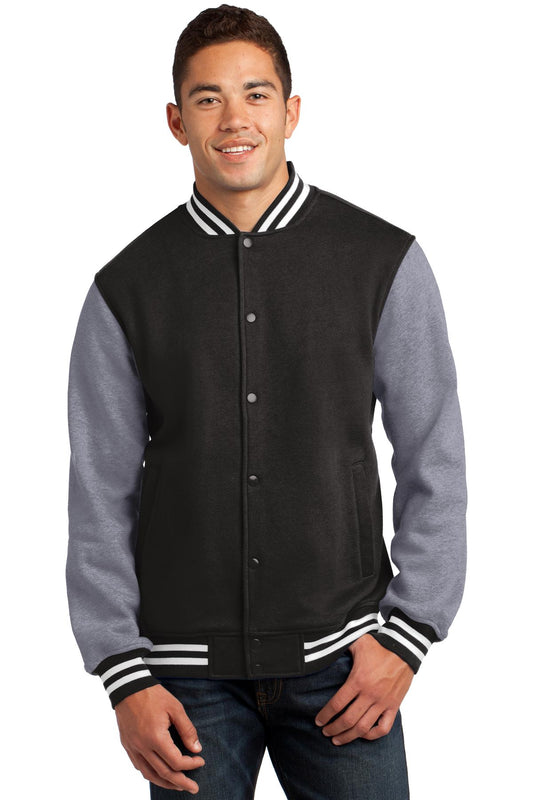 Front View of Black/Vnt Hthr Sport-Tek Fleece Letterman Jacket. ST270 - XS