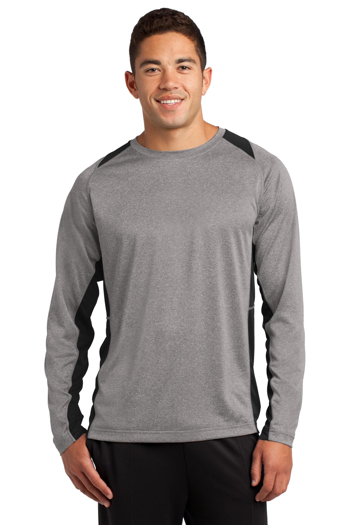 Front View of Vnt He/Black Sport-Tek Long Sleeve Heather Colorblock Contender Tee. ST361LS - XS