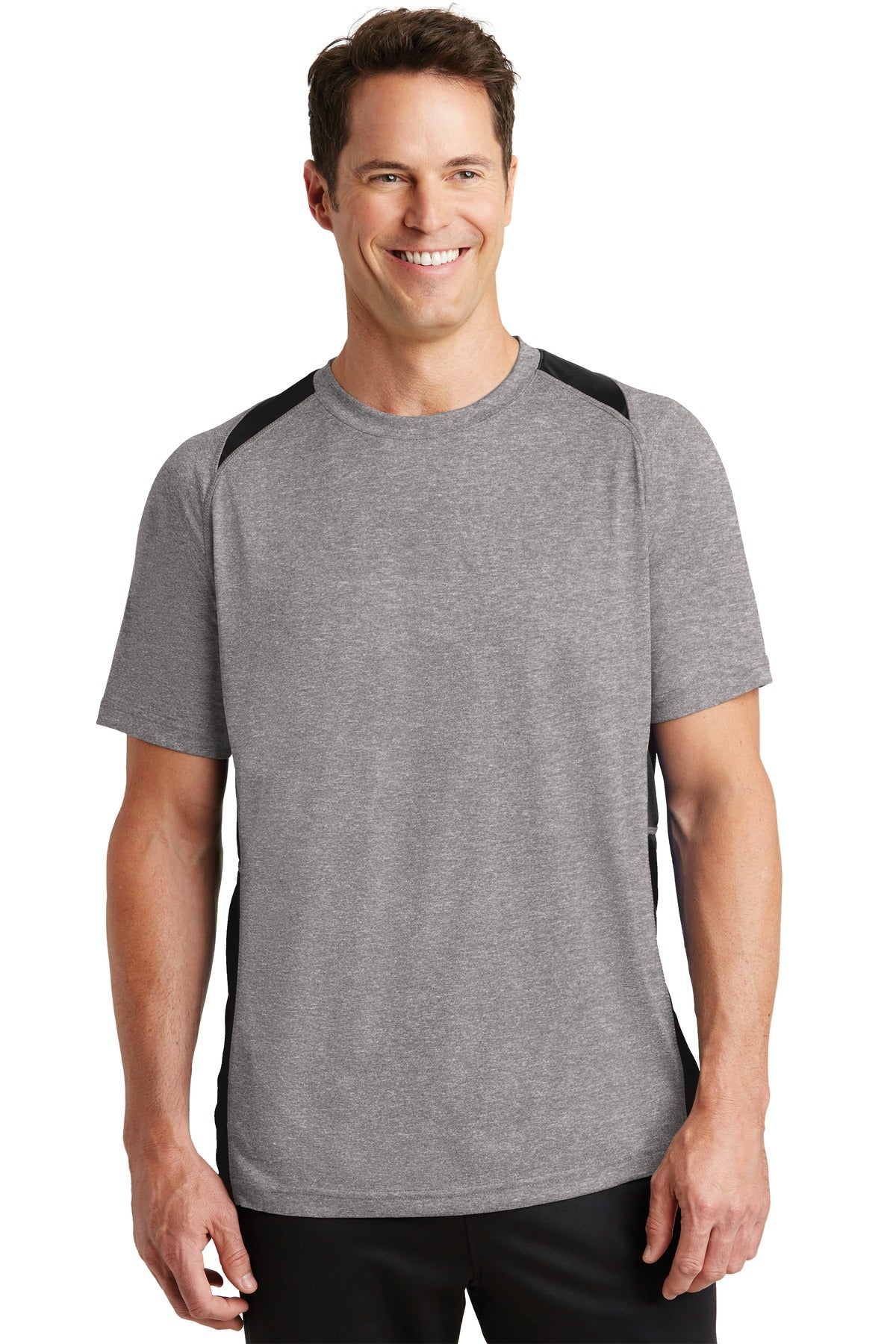 Front View of VtgHthr/Black Sport-Tek Heather Colorblock Contender Tee. ST361 - XS