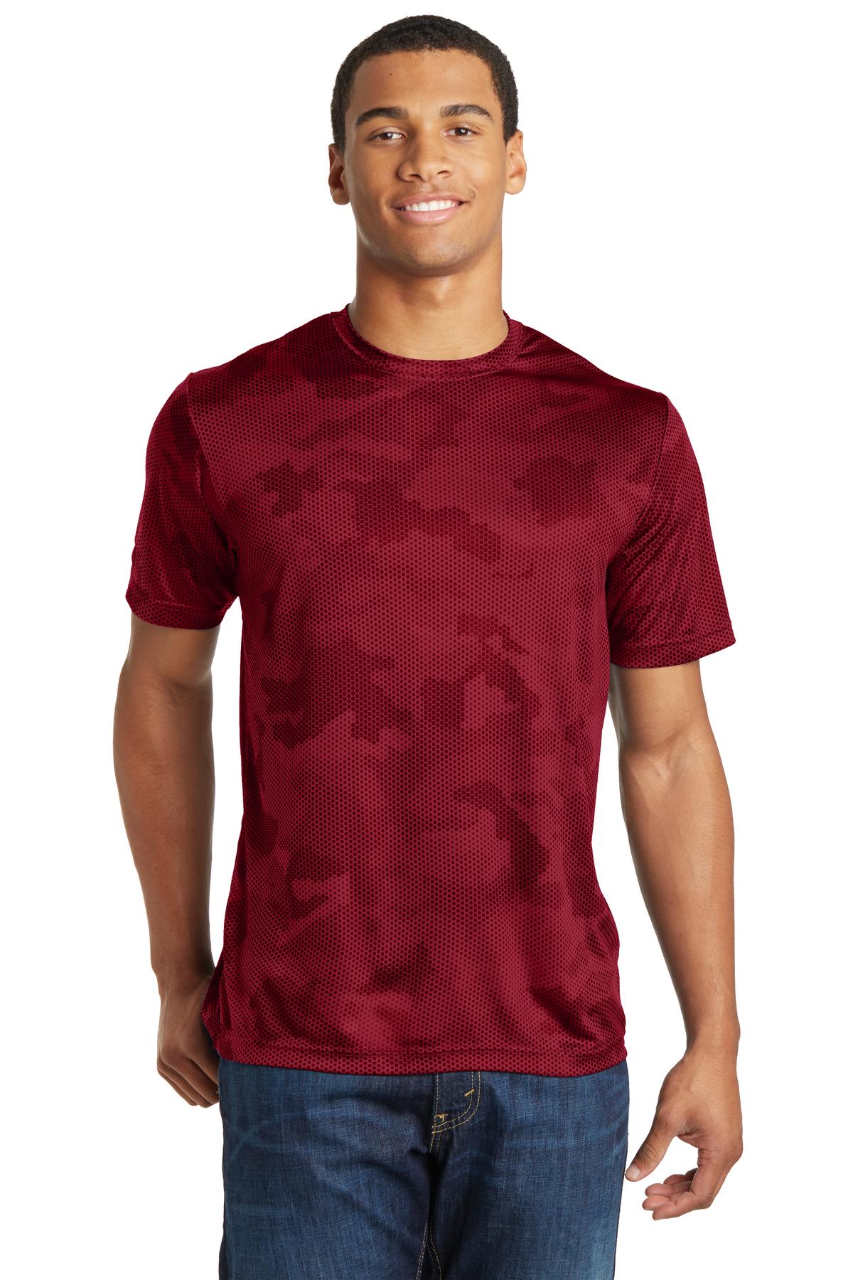 Front View of Deep Red Sport-Tek CamoHex Tee. ST370 - XS