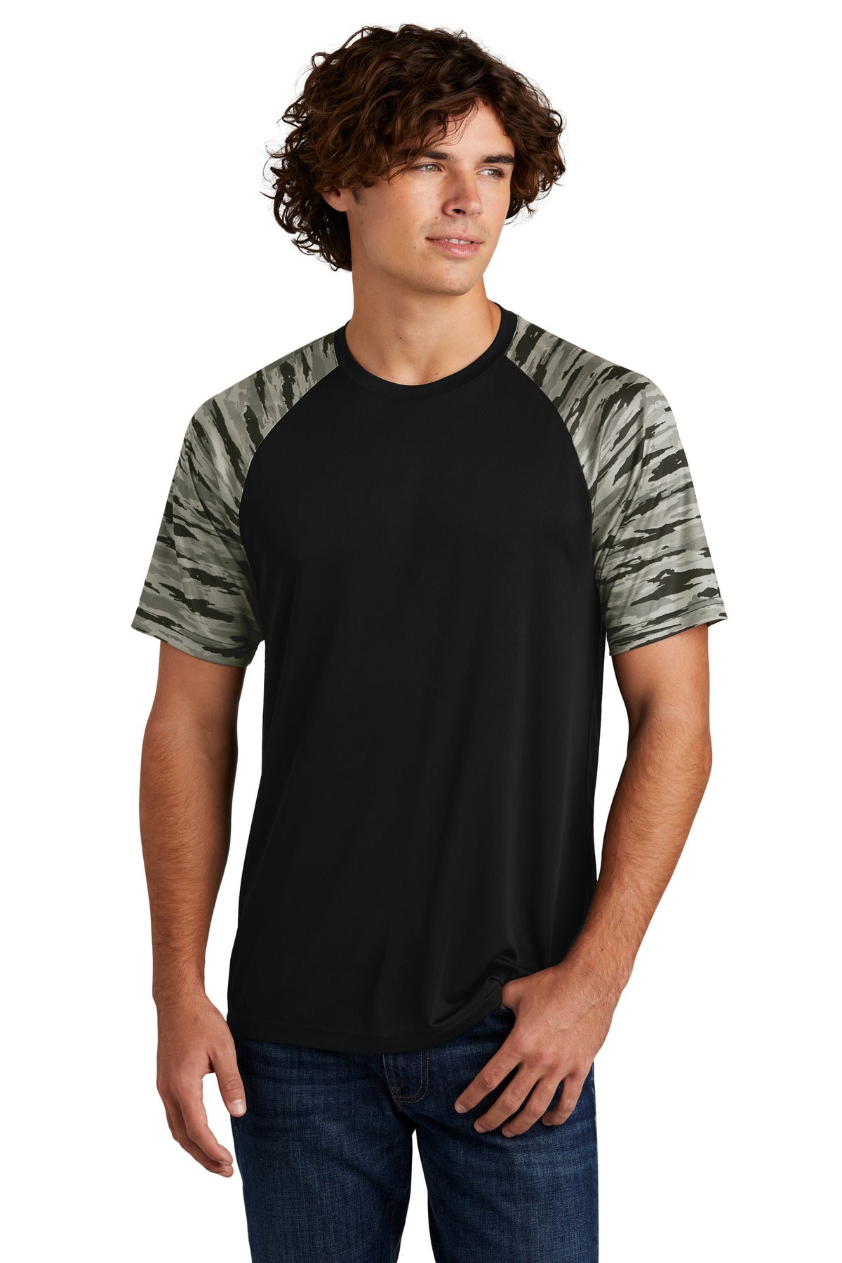 Front View of Black Sport-Tek Drift Camo Colorblock Tee ST376 - XS