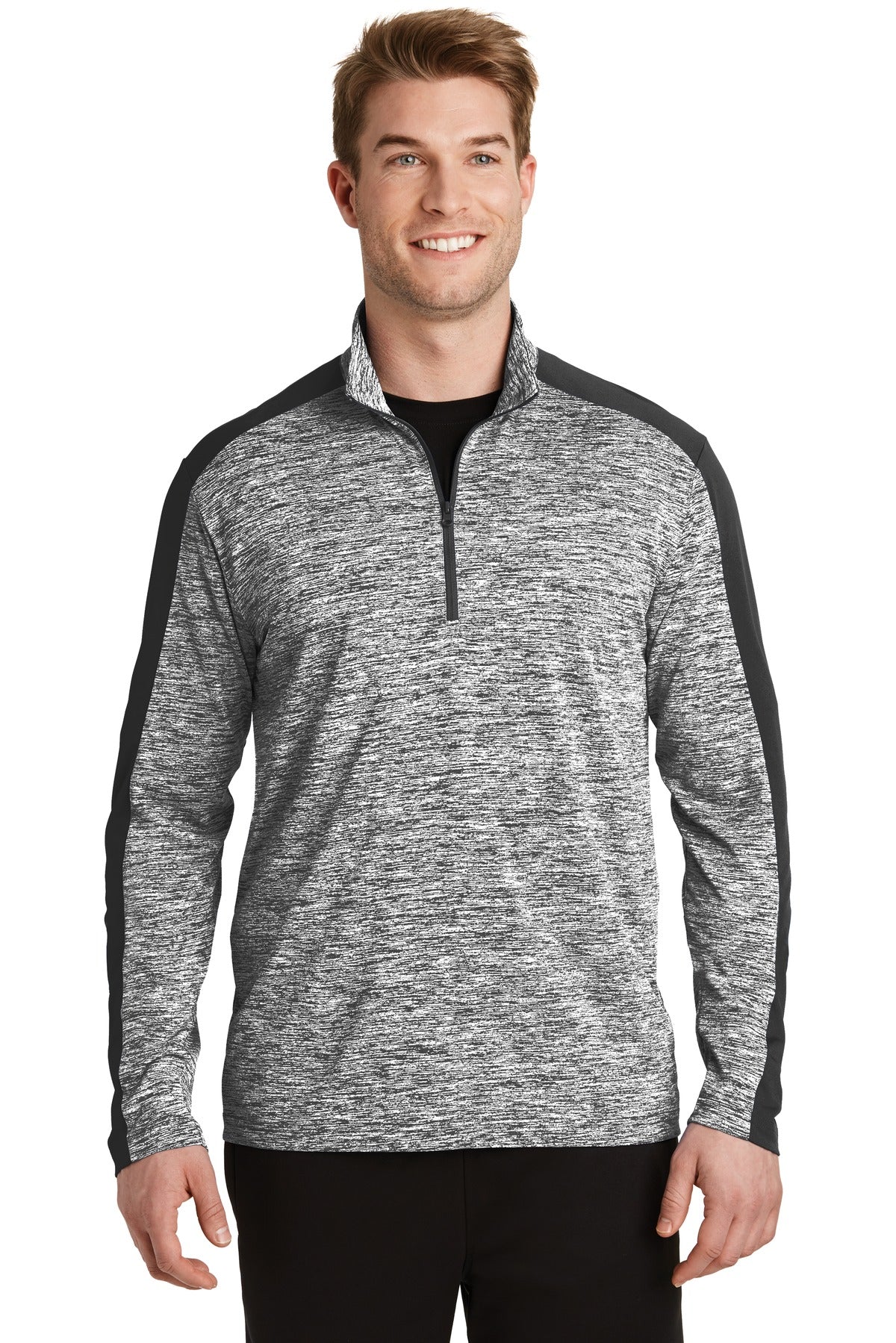 Front View of Black El/Black Sport-Tek PosiCharge Electric Heather Colorblock 1/4-Zip Pullover. ST397 - XS