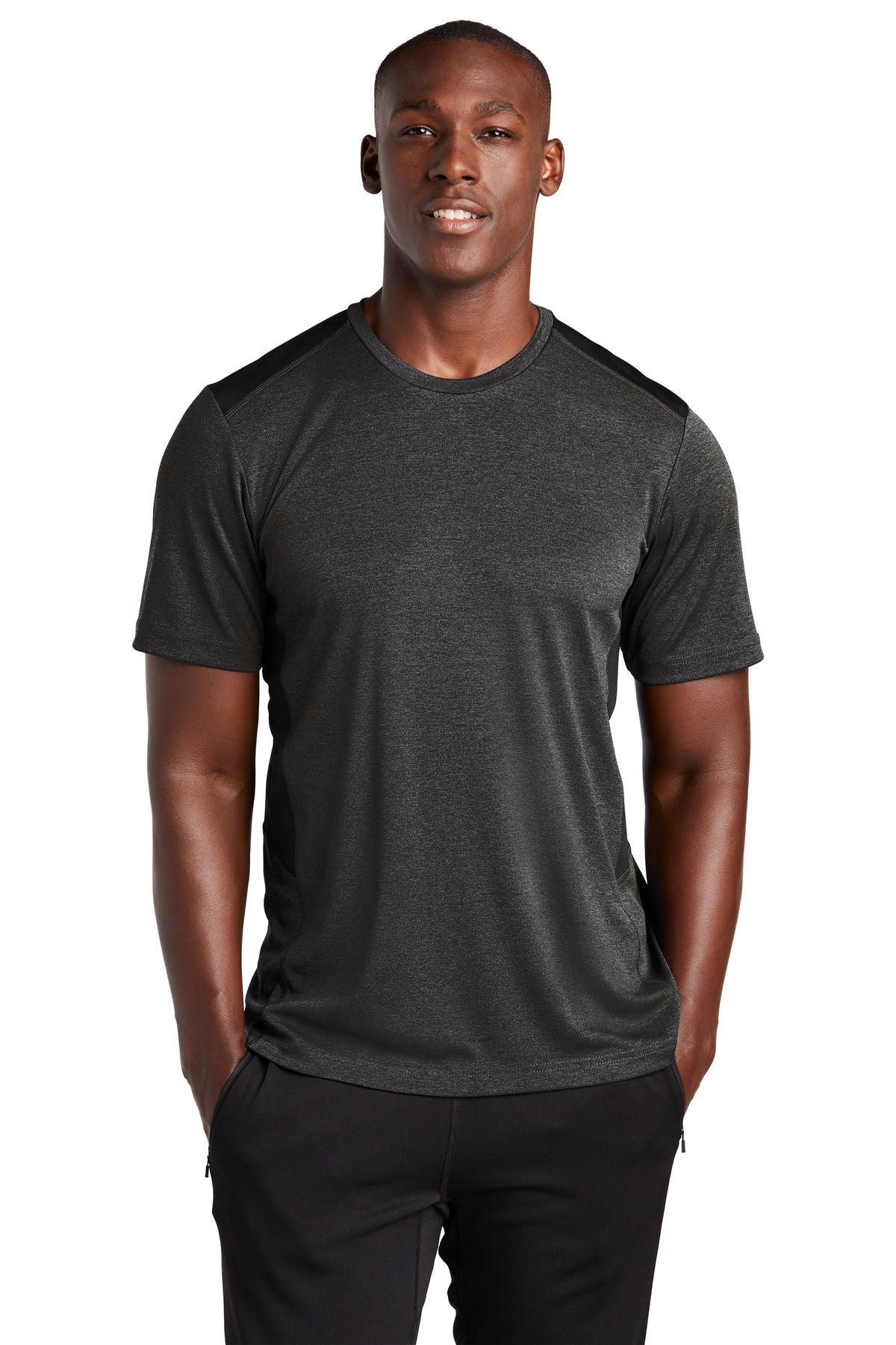Front View of Black Hthr/Blk Sport-Tek Endeavor Tee. ST465 - XS