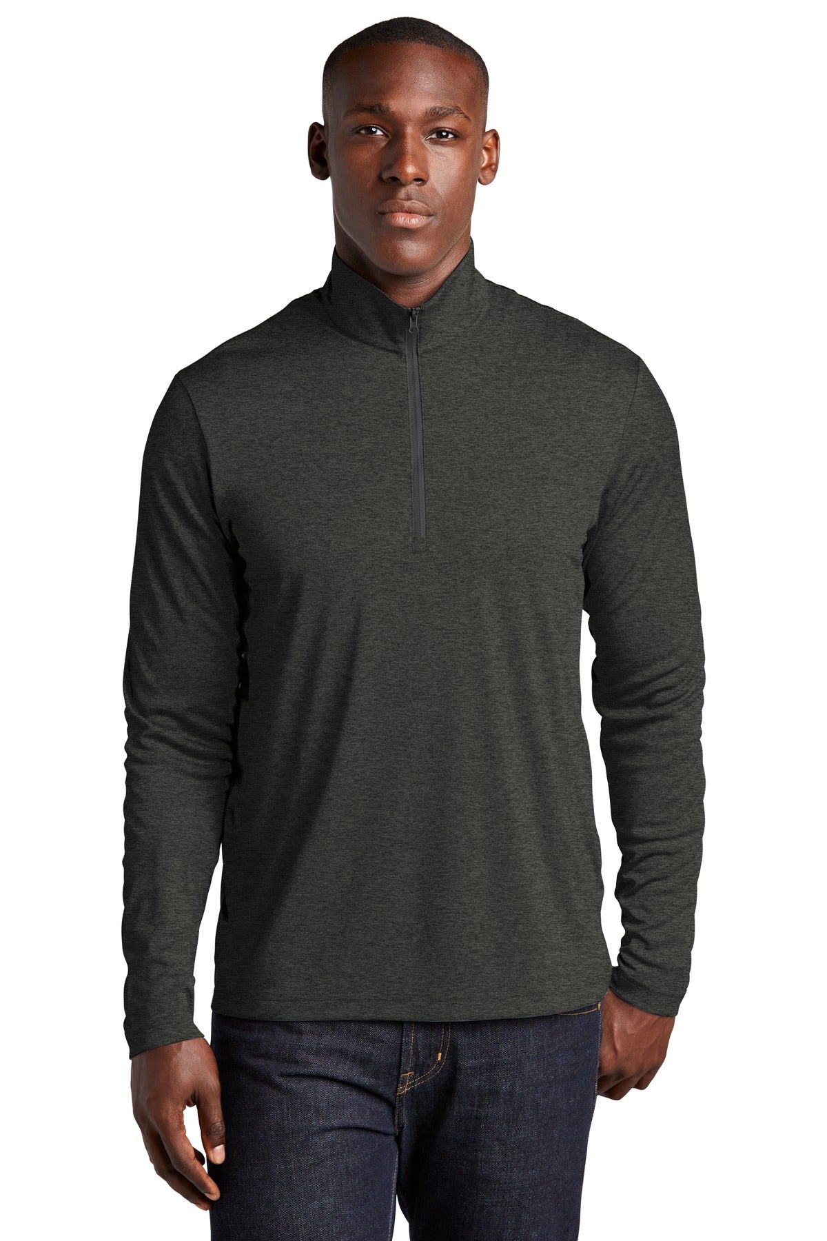 Front View of Black Hthr Sport-Tek Endeavor 1/2-Zip Pullover. ST469 - XS