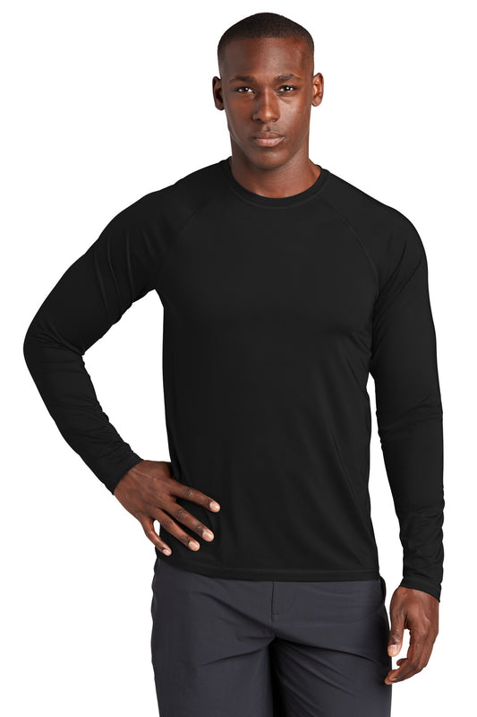Front View of Black Sport-Tek Long Sleeve Rashguard Tee. ST470LS - XS