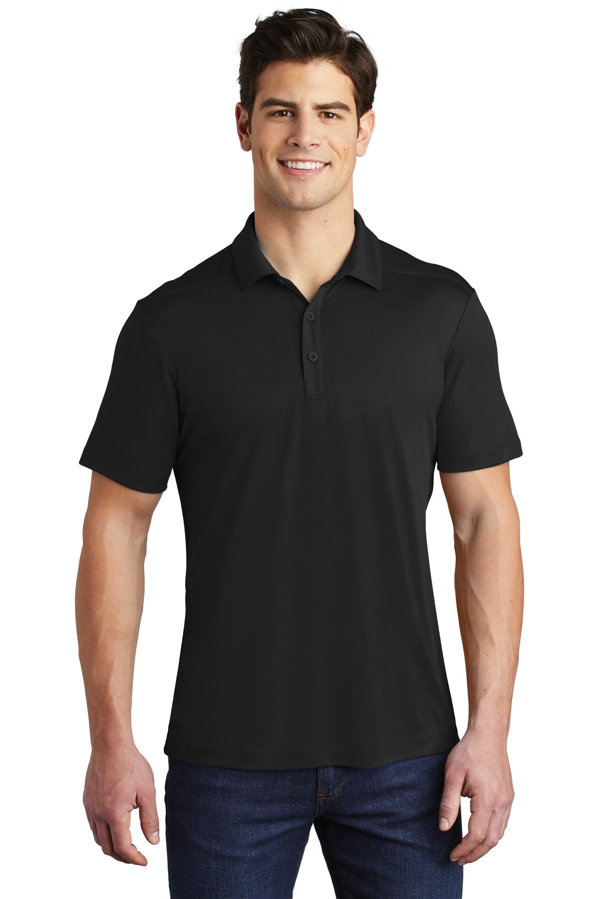 Front View of Black Sport-Tek Posi-UV Pro Polo. ST520 - XS