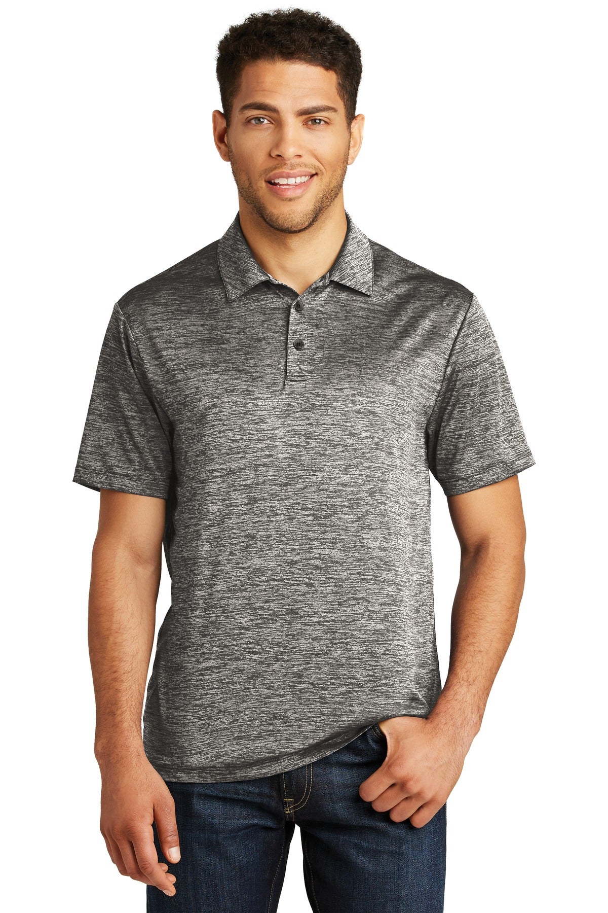 Front View of Black Electric Sport-Tek PosiCharge Electric Heather Polo. ST590 - XS