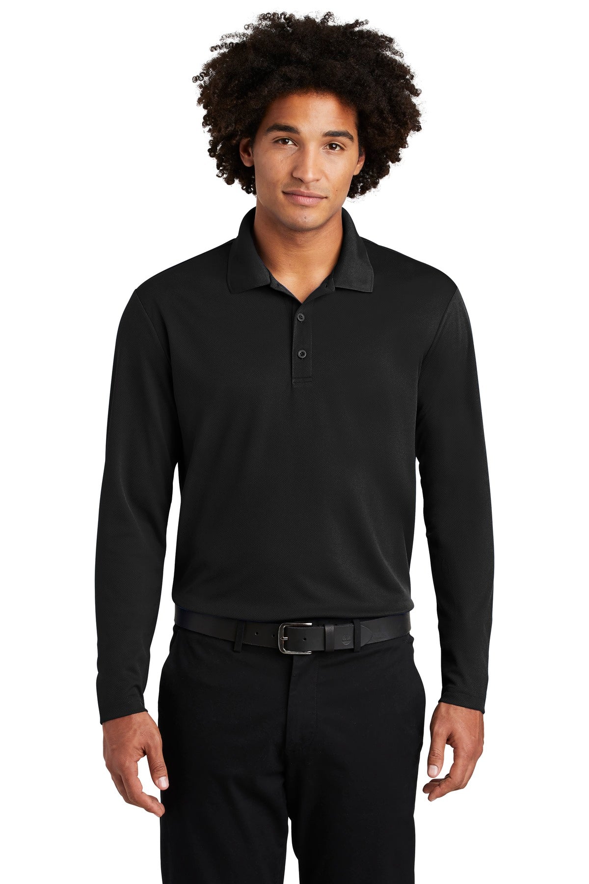 Front View of Black Sport-Tek PosiCharge RacerMesh Long Sleeve Polo. ST640LS - XS