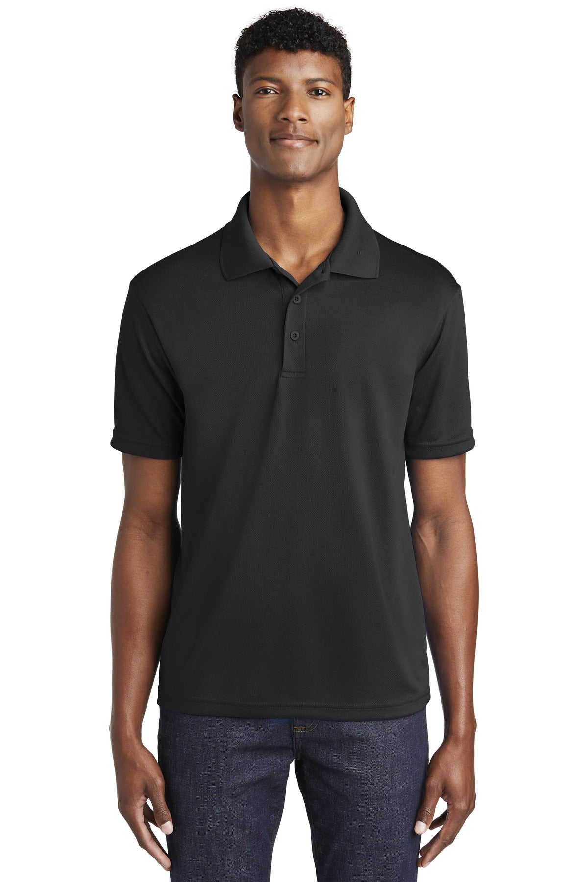 Front View of Black Sport-Tek PosiCharge RacerMesh Polo. ST640 - XS