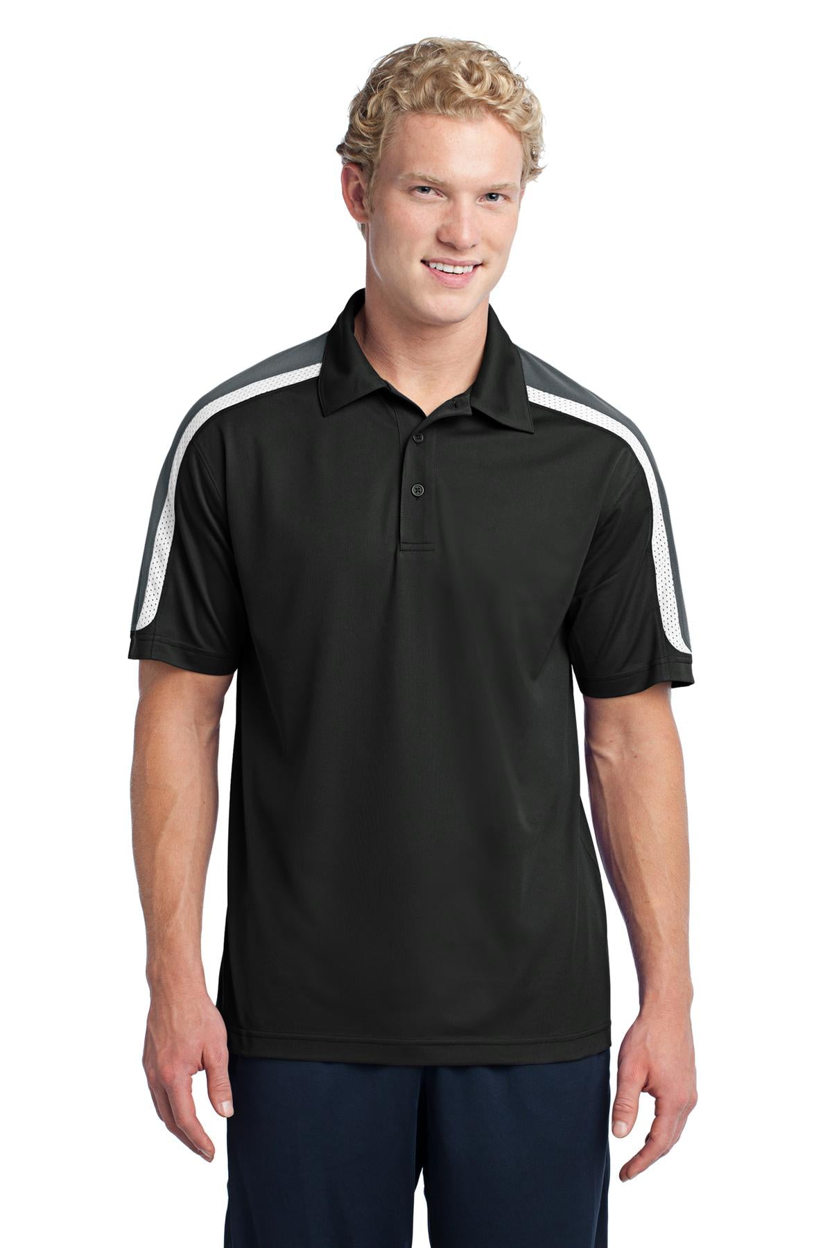 Front View of Blk/IronGry/Wh Sport-Tek Tricolor Shoulder Micropique Sport-Wick Polo. ST658 - XS