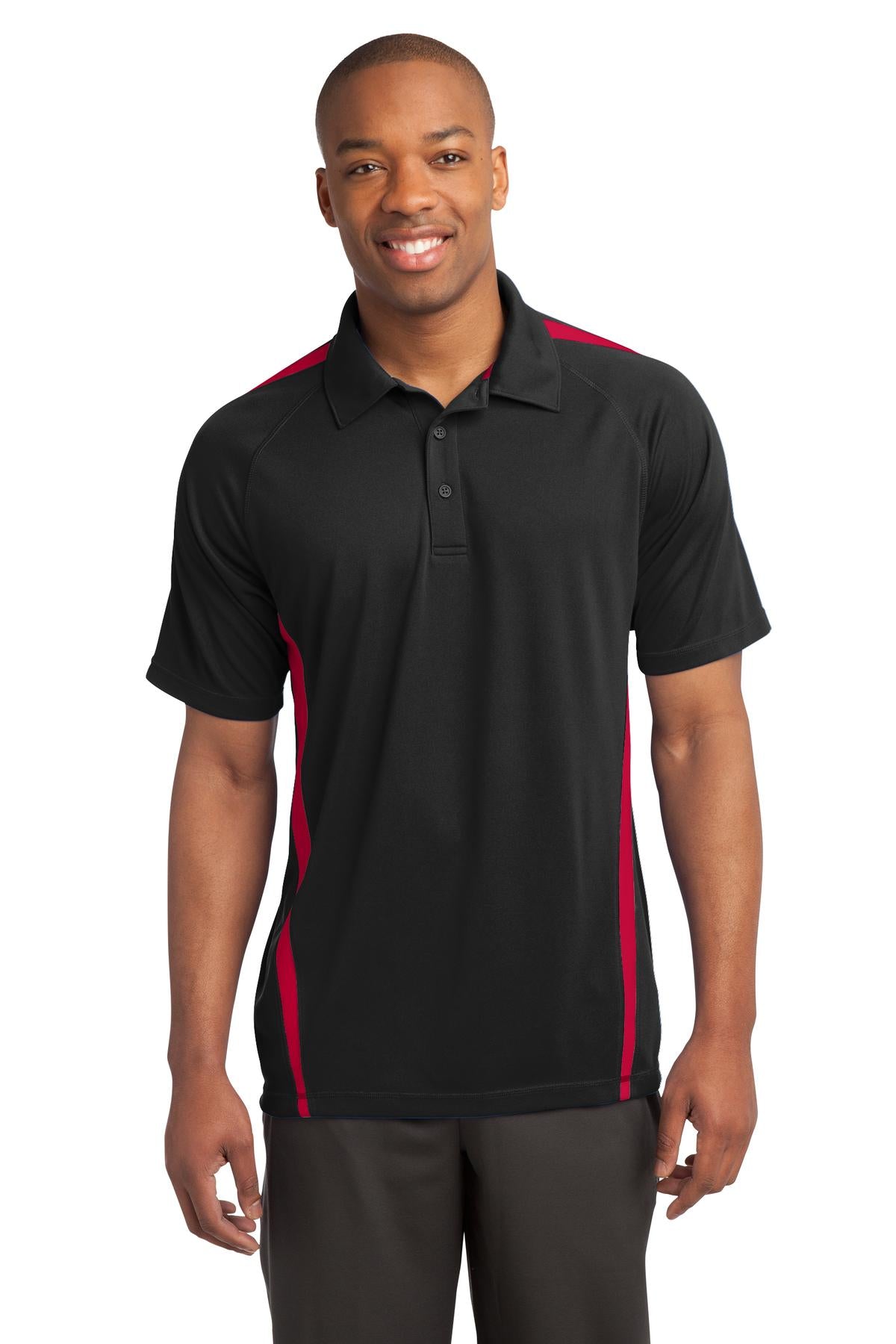 Front View of Black/Tr Red Sport-Tek PosiCharge Micro-Mesh Colorblock Polo. ST685 - XS