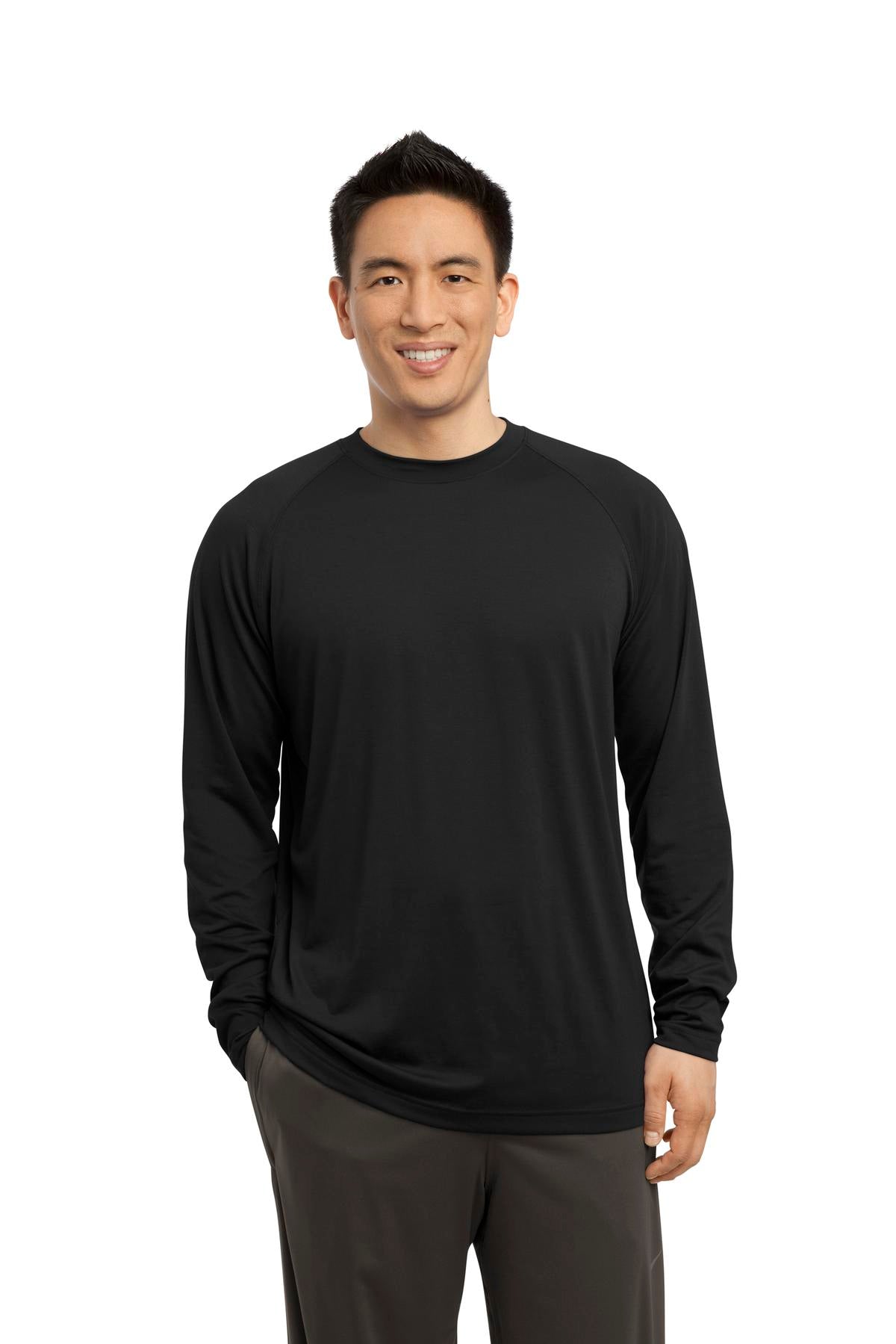 Front View of Black Sport-Tek Long Sleeve Ultimate Performance Crew. ST700LS - XS