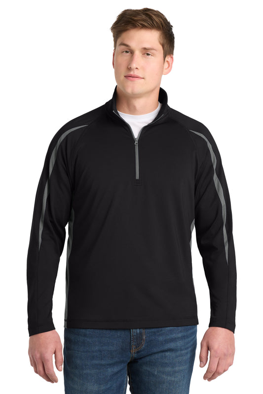 Front View of Black/Char Gry Sport-Tek Sport-Wick Stretch 1/4-Zip Colorblock Pullover. ST851 - XS