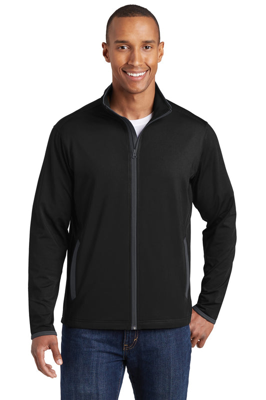 Front View of Blk/Char Grey Sport-Tek Sport-Wick Stretch Contrast Full-Zip Jacket. ST853 - XS