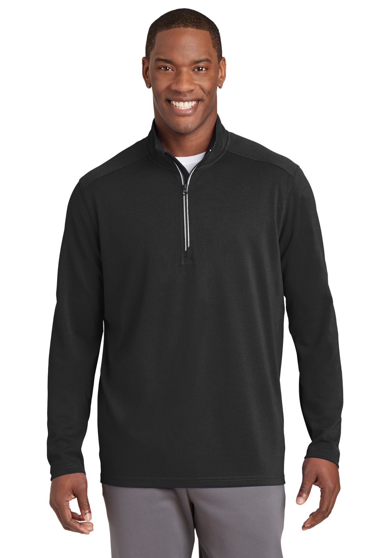 Front View of Black Sport-Tek Sport-Wick Textured 1/4-Zip Pullover. ST860 - XS