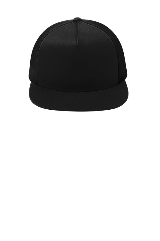 Front View of Black/Black Sport-Tek YP Classics 5-Panel Classic Trucker Mesh Back Cap. STC38
