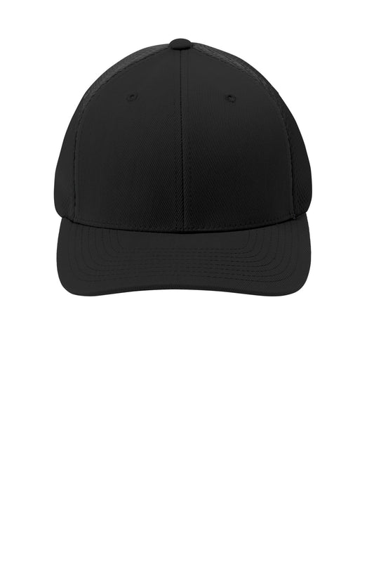 Front View of Black/Black Sport-Tek Flexfit Air Mesh Back Cap. STC40 - L/XL