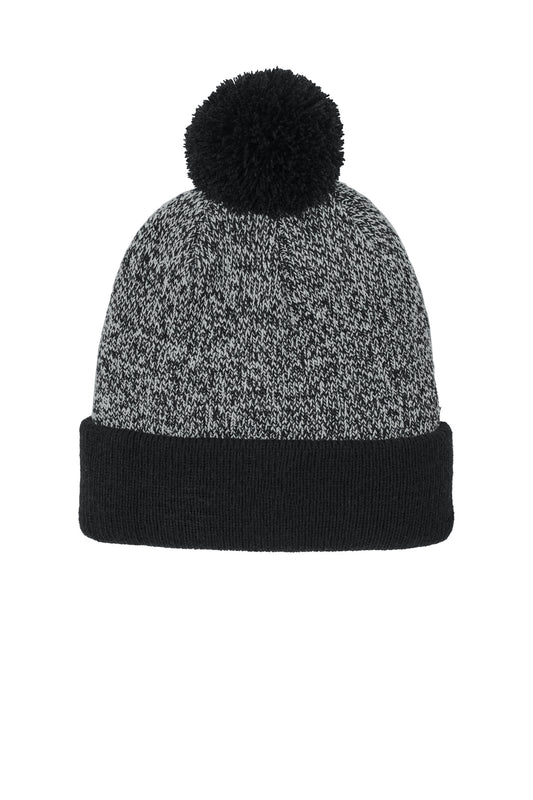 Front View of Blk/Silver Sport-Tek Halftime Heather Pom Beanie STC68