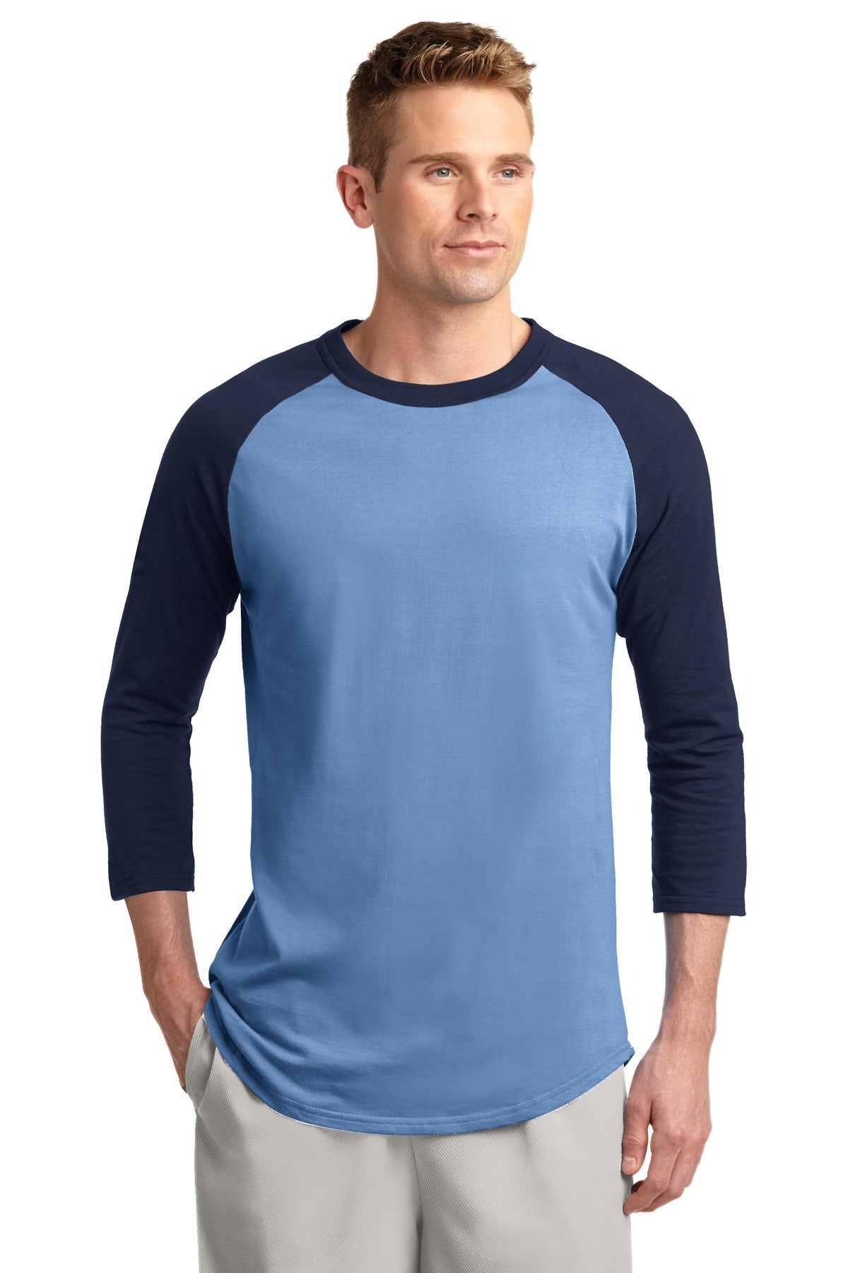 Front View of CarolinaBlu/Ny Sport-Tek Colorblock Raglan Jersey. T200 - XS