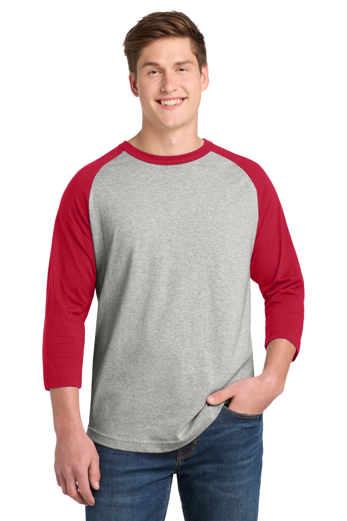 SanMar T200_heathergreyred_model_front.jpg