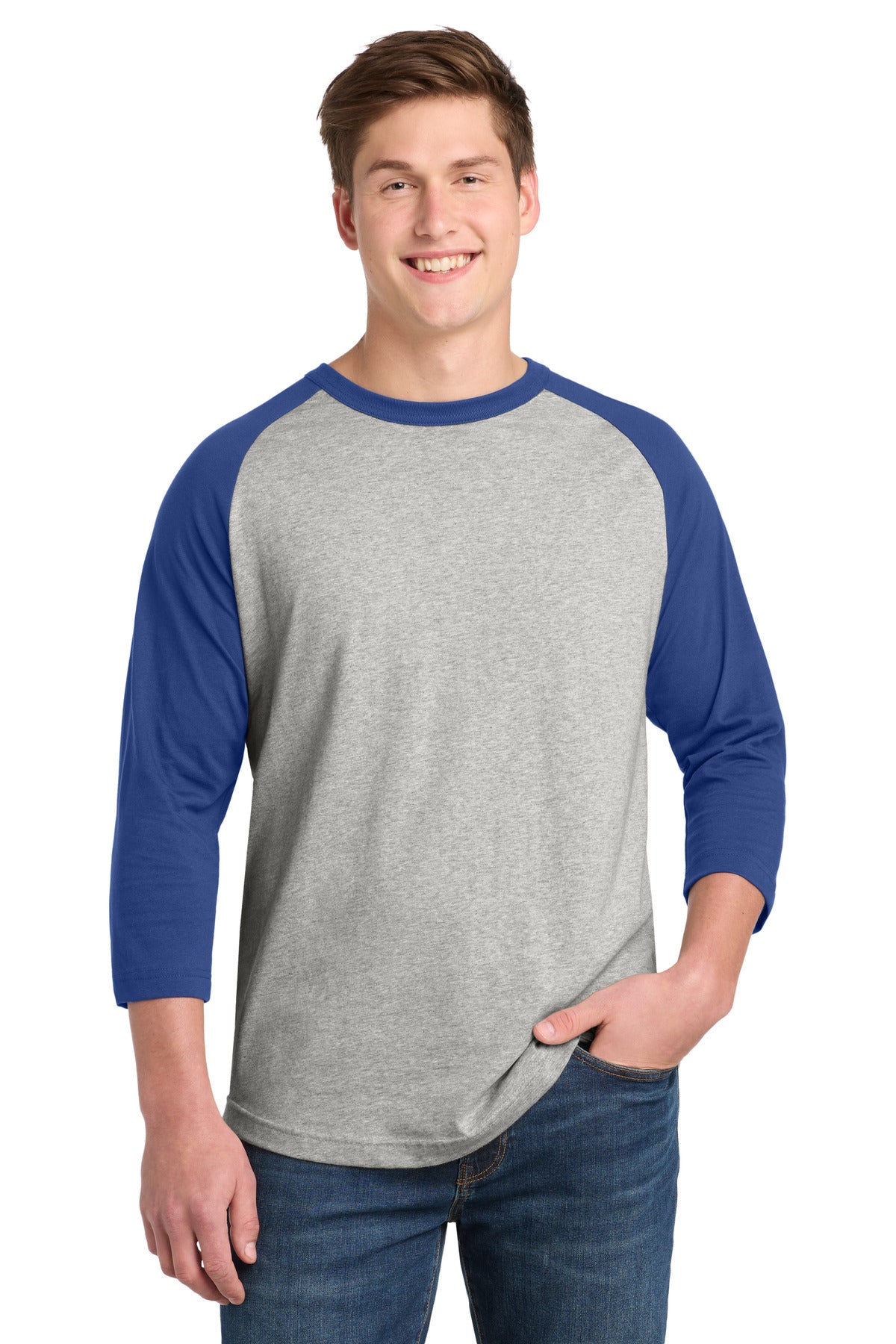 SanMar T200_heathergreyroyal_model_front.jpg