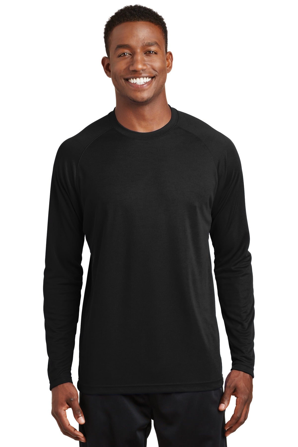 Front View of Black Sport-Tek Dry Zone Long Sleeve Raglan T-Shirt. T473LS - XS