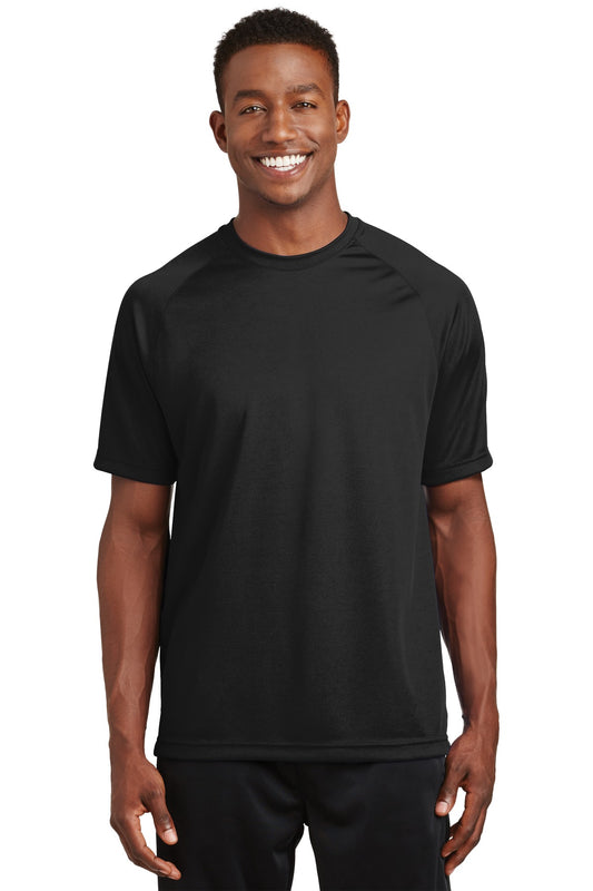 Front View of Black Sport-Tek Dry Zone Short Sleeve Raglan T-Shirt. T473 - XS