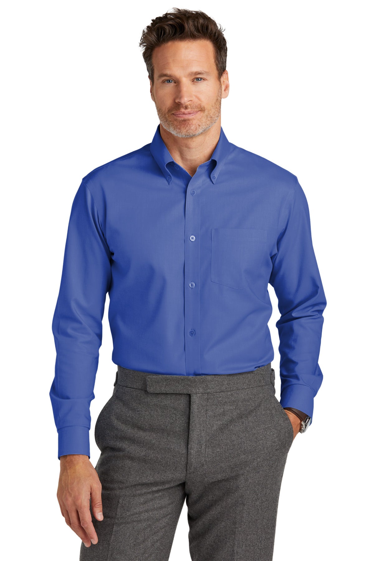 Front View of CobaltBl Brooks Brothers Tall Wrinkle-Free Stretch Nailhead Shirt TBB18002 - 2XLT
