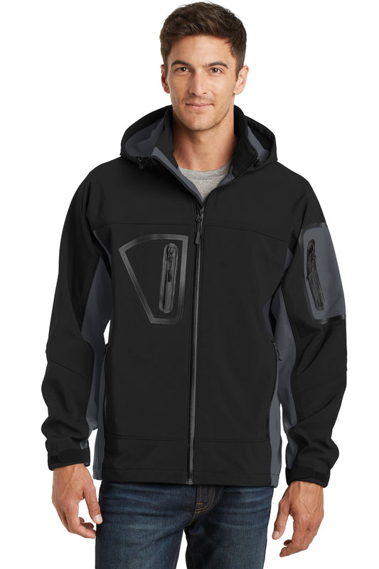 Front View of Black/Graphite Port Authority Tall Waterproof Soft Shell Jacket. TLJ798 - 2XLT