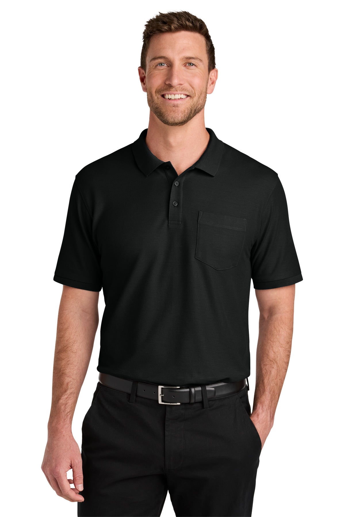 Front View of DeepBlack Port Authority Tall Wearever Signature Pique Pocket Polo TLK200P - LT