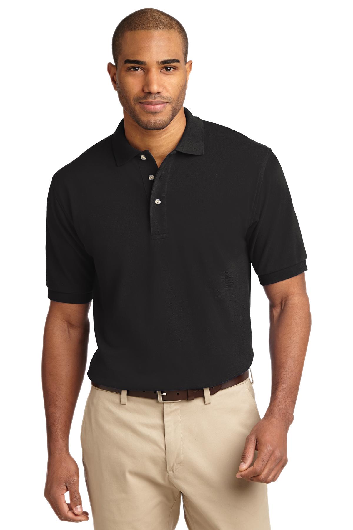Front View of Black Port Authority Tall Heavyweight Cotton Pique Polo. TLK420 - XLT