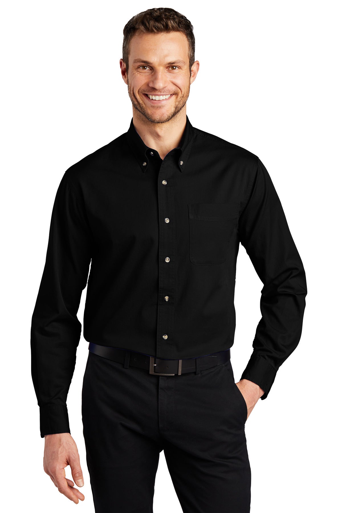 Front View of Black Port Authority Tall Long Sleeve Twill Shirt. TLS600T - XLT